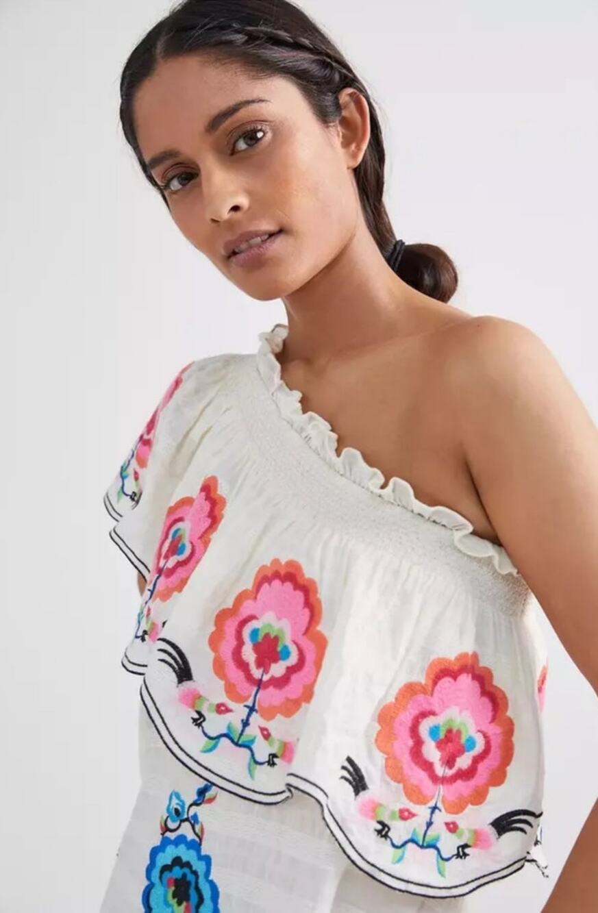 Plenty by Tracy Reese Anthro Embroidered Floral 1-Shoulder Midi Dress Boho White